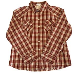 Pendleton Vented Long Sleeve Button Up Shirt Womens Large Red Tan Plaid Cotton